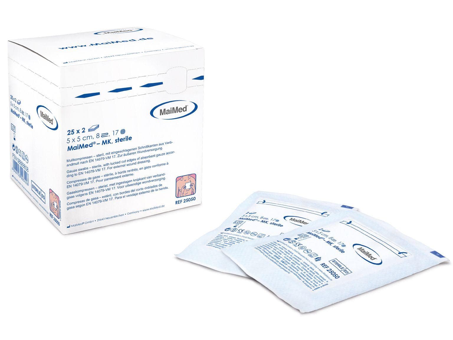 Mullkompressen, 5 x 5 cm, steril 17 Fäden, 100% Baumwolle, 8-lg