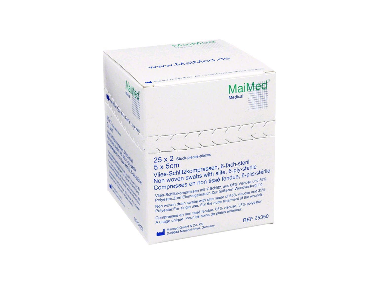 Vlies-Schlitzkompressen, steril, 6-lagig, 5 x 5 cm, 25 x 2 Stück in einer
