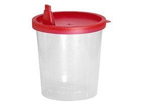 Urinprobebecher mit rotem Schnapp- verschluss, Polypropylen, Inhalt 125 ml,