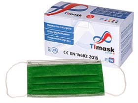 Mundschutzmasken 3-lagig grün, Typ IIR, PP-Vlies, weisse Gummibänder,