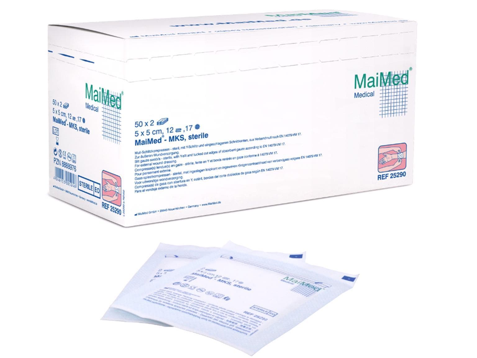 Mull-Schlitzkompressen, 5 x 5 cm, 17 Fäden, steril, 100% BW, 12-lg