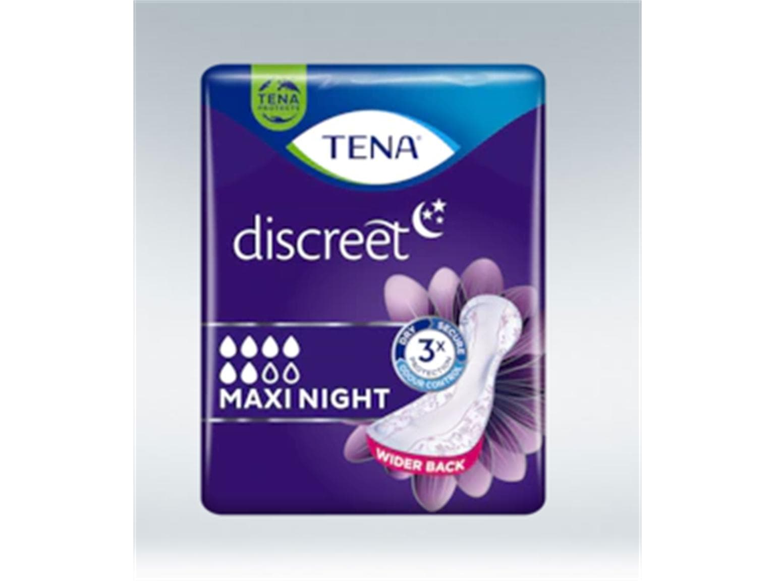 Tena Discreet Maxi Night, L 39.4 x B 14.6 bzw. 18.2 cm (hinten)
