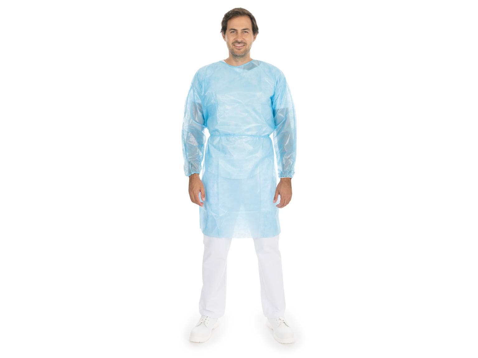 Einweg Schutzkittel, PP / PE Vlies, 120 cm x 140 cm, blau, PE-Voll-