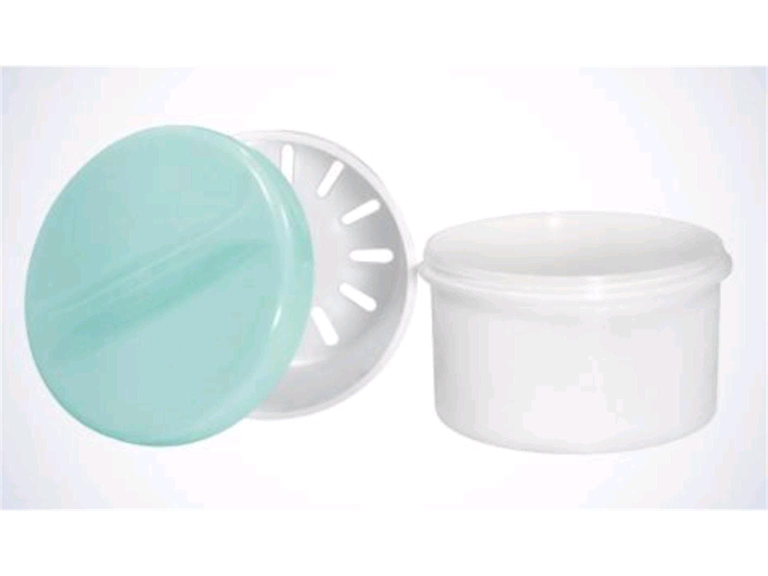 PE-Zahnprothesenbecher weiss, mit Einsatz, Deckelfarbe: grün