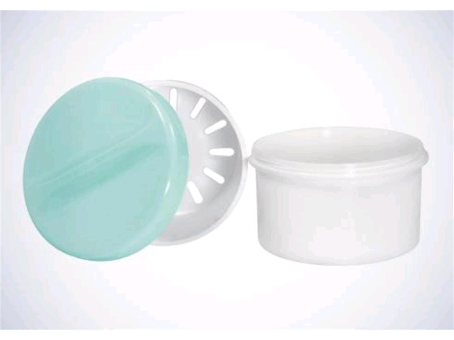 PE-Zahnprothesenbecher weiss, mit Einsatz, Deckelfarbe: grün