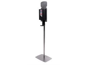 Desinfektionssäule mit Sensorspender, Edelstahl-Stativ und Hinweisschild