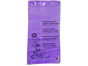 Hygienebeutel lila bedruckt 190 x 330 + 25 mm, geblockt zu 50 Stück