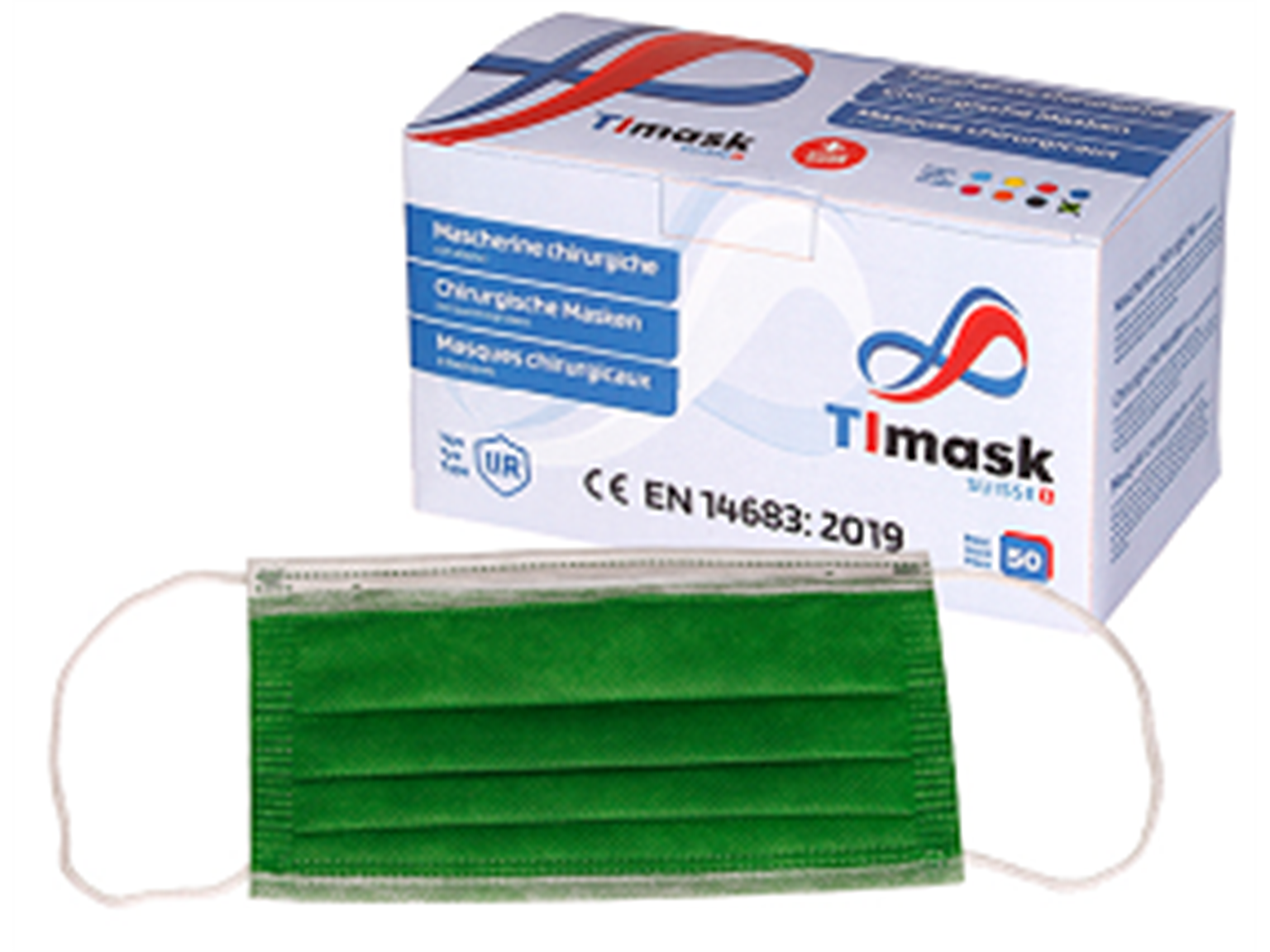 Mundschutzmasken 3-lagig grün, Typ IIR, PP-Vlies, weisse Gummibänder,