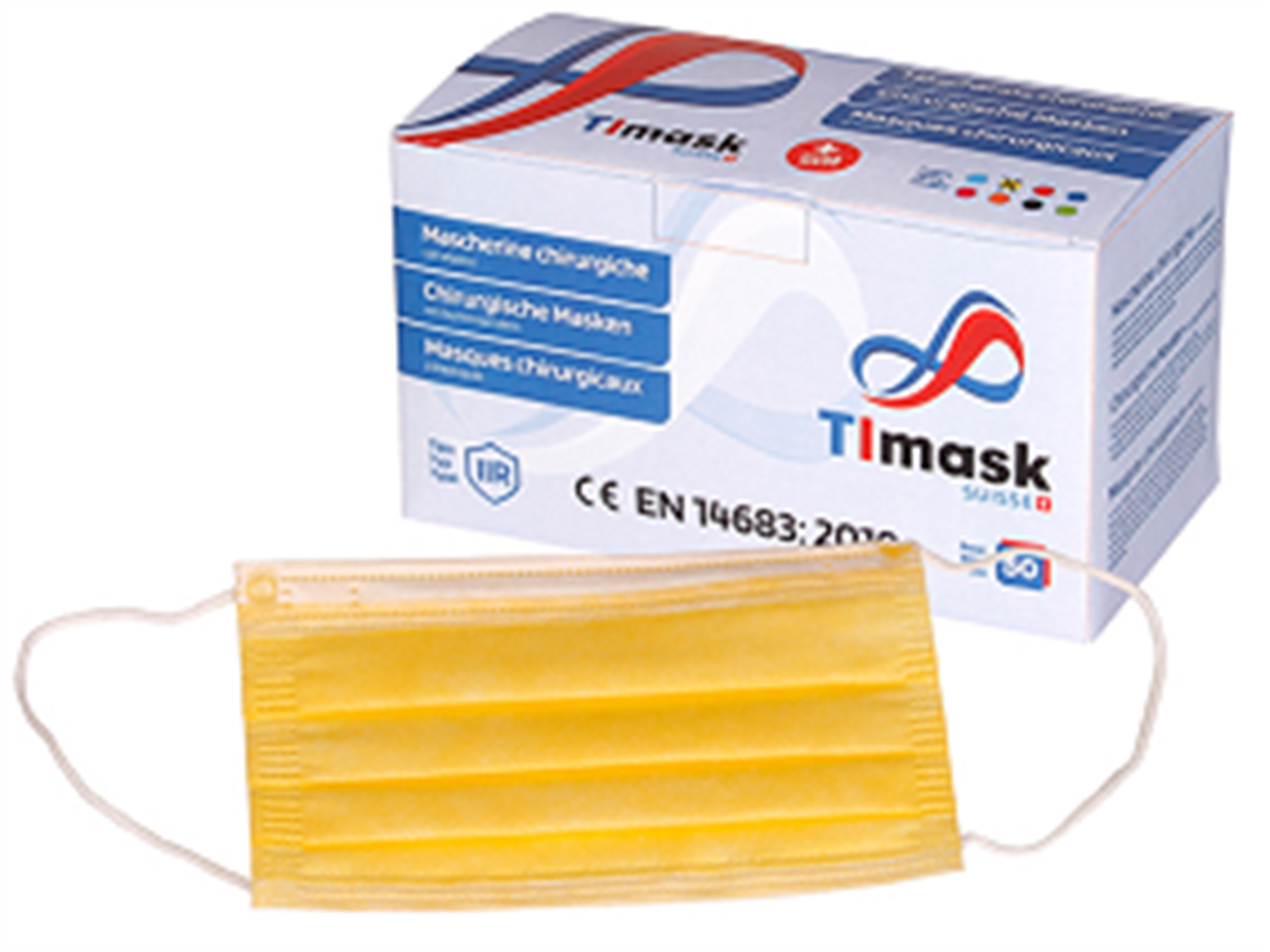 Mundschutzmasken 3-lagig gelb, Typ IIR, PP-Vlies, weisse Gummibänder,