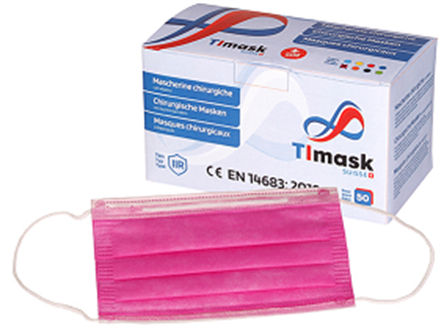 Mundschutzmaske 3-lagig pink, Typ IIR, PP-Vlies, weisse Gummibänder,