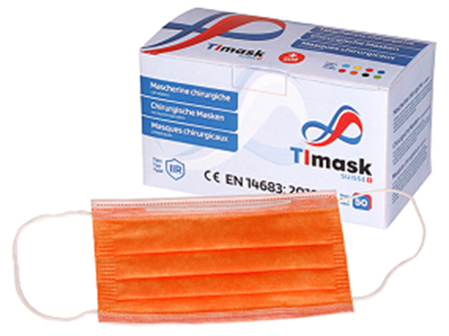 Mundschutzmaske 3-lagig orange, Typ IIR, PP-Vlies, weisse Gummibänder